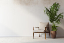 Boho living room interior with empty beige wall for mockups. Cozy wicker armchair near green plants. Natural daylight from a window. Minimalist promotional background with copy space.