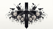 Black Religious Cross With A Sprig And Birds 