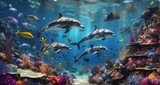 Fototapeta Do akwarium - An immersive portrayal of the ocean's wonders, featuring a pristine sea teeming with a kaleidoscope of marine life, from playful dolphins to colorful schools of tropical -Generative Ai