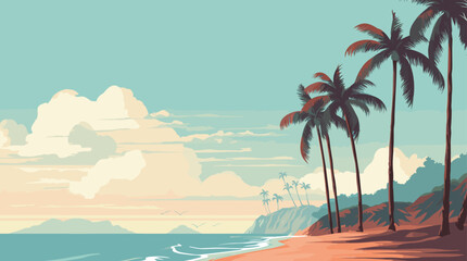 vector postcard reminiscent of a tropical beach resort, featuring palm trees, classic typography, an