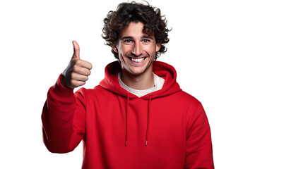 Wall Mural - handsome man showing thumbs up, wearing red hoodie, shows like hand, transparency background png