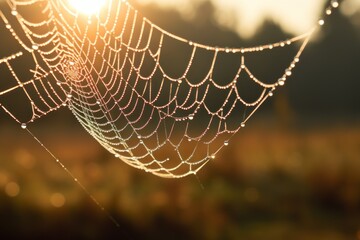Wall Mural - Dew drops on a spider web in the early morning light