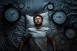Restless Man suffering from insomnia on bed. Sleep fear worried night problem. Generate Ai