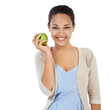 Portrait, apple and happy woman in studio with healthy food choice, healthcare or nutrition benefits. Face of person or model with green fruit for detox, self care or vegan diet on a white background