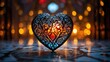 A small, glowing heart nestled within the intricate patterns of a stained glass window, its reflection echoing across the room.