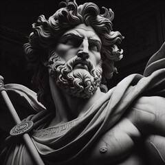 Handsome marble statue of powerful greek god Ares over dark background, The powerful king of the gods in ancient Greek religion. Male statue of a Roman deity.