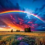 Fototapeta Tęcza - A vibrant rainbow stretching across the sky after a passing storm