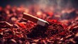 A cigarette sitting on top of a pile of tobacco leaves