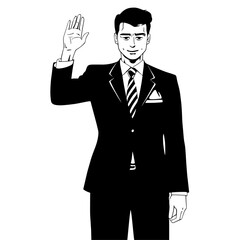 Wall Mural - Politician with his hands raised high. Businessman celebrating victory. A man in a business suit. Successful man.