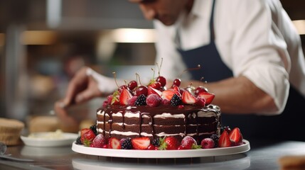 Wall Mural - Sweet Symphony: Experience the Decadence of a Chocolate Cake with Layers of Indulgent Richness, Garnished with Red Fruits, Berries, and Whipped Cream for a Culinary Celebration.
