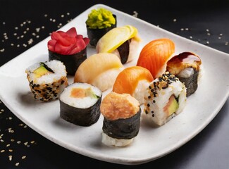 Canvas Print - Japanese food, sushi isolated on black background, closeup photography. Studio photography. Ideal for restaurant web/promotion/advertisement/banner/design, with copy space for text/logo/graphic design