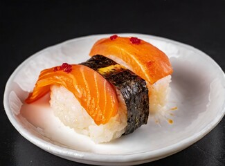 Canvas Print - Japanese food, sushi isolated on black background, closeup photography. Studio photography. Ideal for restaurant web/promotion/advertisement/banner/design, with copy space for text/logo/graphic design