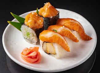 Canvas Print - Japanese food, sushi isolated on black background, closeup photography. Studio photography. Ideal for restaurant web/promotion/advertisement/banner/design, with copy space for text/logo/graphic design