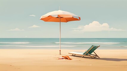 Wall Mural - Clean and simple minimal illustration of a beach, with just a lone towel and umbrella in the sand.