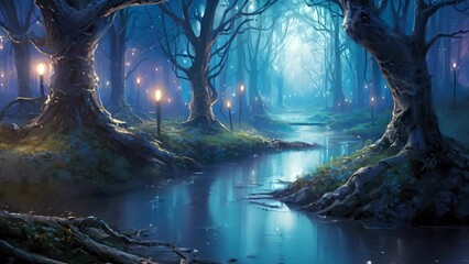Wall Mural - Winding rivers course through a dense forest leading the way towards a small pond. Fantasy art concept.