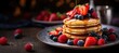 Homemade Plate of Paleo-Friendly Pancakes, Crafted with Almond Flour, Topped with Fresh Berries, and Gently Drizzled with Honey for a Wholesome Morning Delight