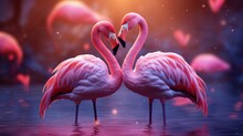 Couple Of Flamingo On Romantic Valentines Background. Valentine's Day Greeting Card, In Love