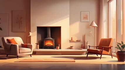 Wall Mural - Minimal illustration of a cozy living room, with a warm fireplace and a comfortable armchair perfect for reading.