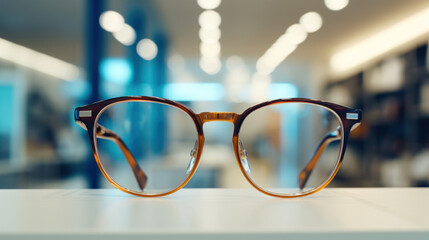 Poster - Eyeglasses on table in the library with blur background and bokeh