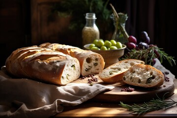 Wall Mural - Mediterranean Delight: Artisan Olive Bread Infused with Oil and Herbs, Baked to Perfection - A Flavorsome and Rustic Culinary Masterpiece with Authentic Mediterranean Savory Notes.
