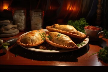 Wall Mural - Culinary Heritage: Empanadas, a Savory Gastronomic Specialty of Spain, Featuring a Salty Delicacy with Veal, Chicken, or Tuna - an Authentic and Homemade Culinary Artistry.