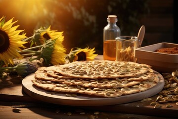 Wall Mural - Mediterranean Crunch: Flatbread Infused with Sunflower Seeds, Golden and Delicious, Enhanced by a Drizzle of Olive Oil - A Savory, Gourmet Appetizer for Culinary Bliss.