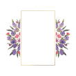 Watercolor floral frame with purple, pink flowers and green leaves. Hand drawn illustration of botanical template for greeting cards or wedding invitations, mother's day, birthday, march 8, posters