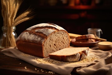 Wall Mural - Wood-Fired Artistry: Rustic Wheat Bread, Inspired by Grandmothers - Baked in a Traditional Oven, This Handcrafted Culinary Gem Delivers a Nostalgic and Authentic Sourdough Experience.

