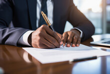 African businessman signing legal document or contract