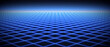 © vika_k - Glowing neon wireframe horizon background. Light blue grid room floor in perspective. Bright retro futuristic wallpaper. Abstract checkered plane landscape. Game wire frame surface. Vector backdrop