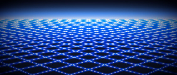 Wall Mural - Glowing neon wireframe horizon background. Light blue grid room floor in perspective. Bright retro futuristic wallpaper. Abstract checkered plane landscape. Game wire frame surface. Vector backdrop