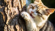 Lovely ashy spotted cat sharpens its claws on a tree trunk in the garden. Generative AI