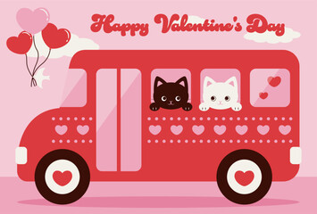 Canvas Print - valentine or wedding vector background with cats on a city bus with hearts for banners, cards, flyers, social media wallpapers, etc.