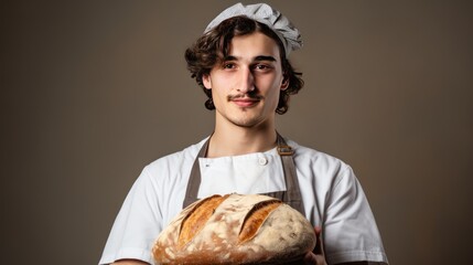 Canvas Print - A young baker holds a loaf 