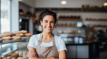 beautiful woman smiling at the camera with bakery shop 