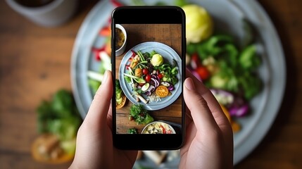 Hands with the smart phone pictures of meal. 