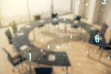Wall Mural - multi exposure of abstract programming language hologram and world map on a modern furnished office 