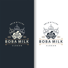 Boba Drink Logo, Milk Tea Cute Boba Pearl Jelly Drink Bubble Vector Simple Minimalist Design