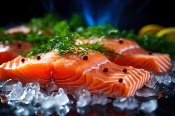 Wall Mural - The freshest steak or fillet of fresh Atlantic salmon with herbs. Fresh fish chilled in ice. close-up. Ready to eat.