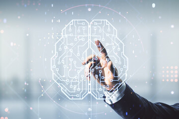 Wall Mural - double exposure of man hand presses on creative artificial intelligence interface on blurred office 