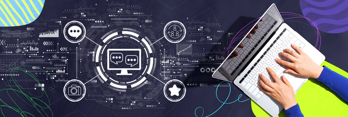social media theme with person using a laptop computer