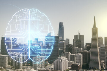 Wall Mural - virtual creative artificial intelligence hologram with human brain sketch on san francisco skyline b