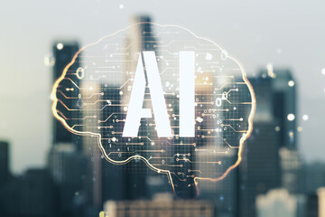 Wall Mural - double exposure of creative artificial intelligence interface on blurry cityscape background. neural