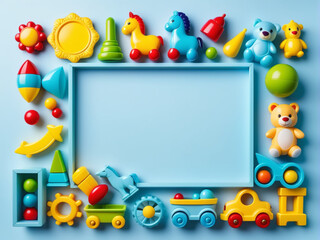  Baby kids toy frame background. Teddy bears, colorful wooden educational, sensory, sorting and stacking toys for children on light blue background. 