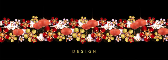 Wall Mural - Floral isolated garland with clouds and balloons in paper art style.