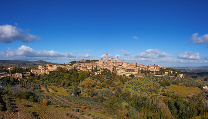 Poster - drone panorama view of the Italian hill town of San Gimignano in Tuscany