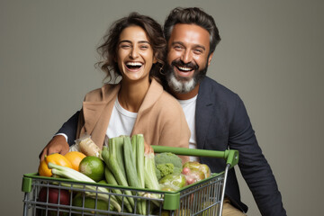 Canvas Print - Happy healthy young couple with fresh vegetables