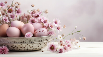 Wall Mural - Easter eggs in pastel pink tones decorated with floral motifs in a basket, set against a blurred white room background.