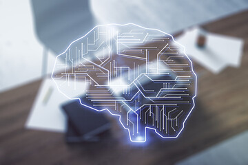 Wall Mural - double exposure of creative human brain microcircuit and modern desk with computer on background. fu