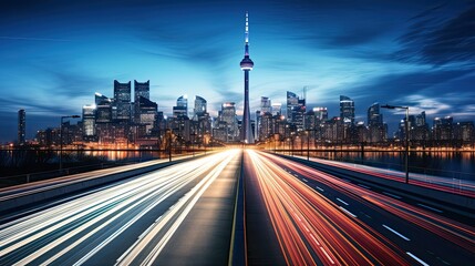 Wall Mural - The motion blur of a busy urban highway during the even